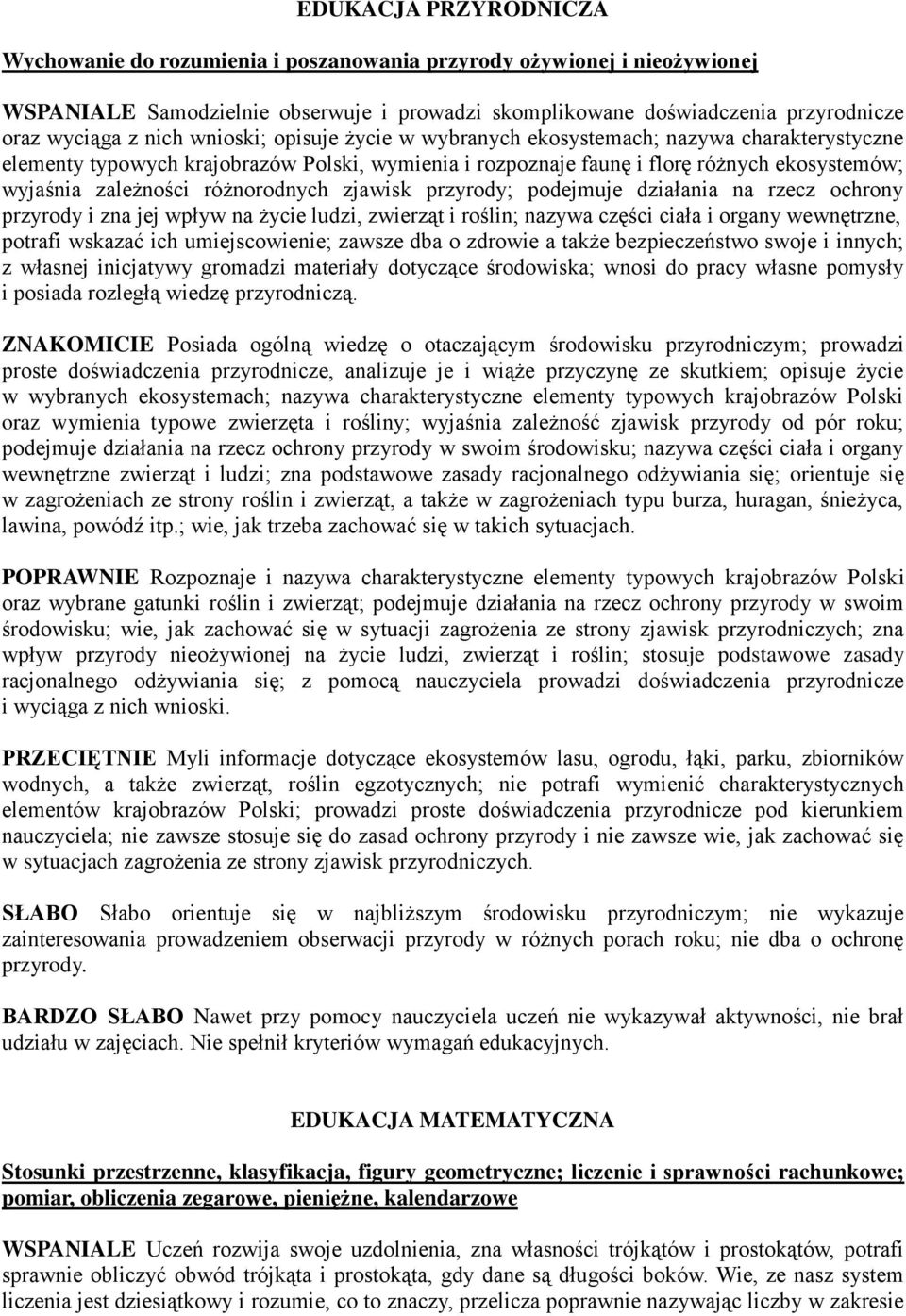 różnorodnych zjawisk przyrody; podejmuje działania na rzecz ochrony przyrody i zna jej wpływ na życie ludzi, zwierząt i roślin; nazywa części ciała i organy wewnętrzne, potrafi wskazać ich