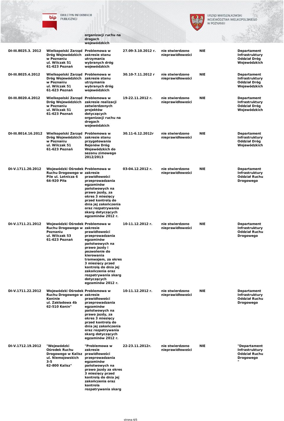 2012 Ruchu w Poznaniu ul. Wilczak 53 prawo jazdy i pozwolenie do kierowania tramwajem, za okres rozpatrywania skarg 10-11.12. DI-V.1711.22.