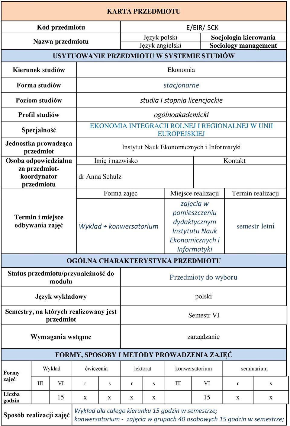 miejsce odbywania zajęć ogólnoakademicki EKONOMIA INTEGRACJI ROLNEJ I REGIONALNEJ W UNII EUROPEJSKIEJ Imię i nazwisko dr Anna Schulz Status przedmiotu/przynależność do modułu Instytut Nauk