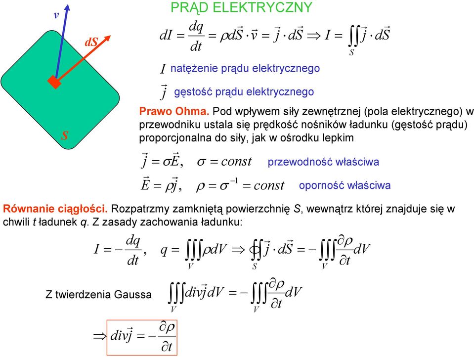 popocjonalna do sł jak w ośodku lepkm j σ j σ σ const pewodność właścwa const oponość właścwa ównane cągłośc.