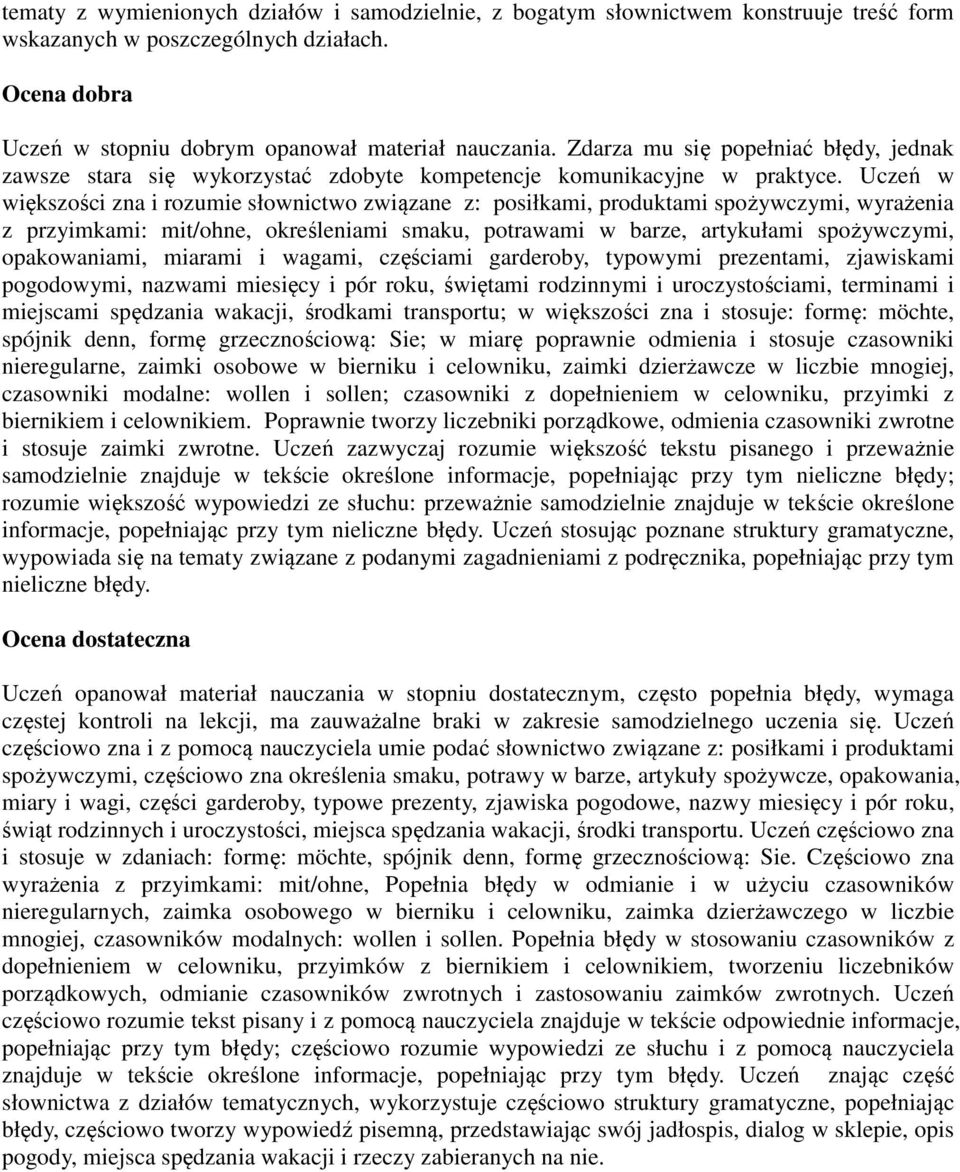 Uczeń w większości zna i rozumie słownictwo związane z: posiłkami, produktami spożywczymi, wyrażenia z przyimkami: mit/ohne, określeniami smaku, potrawami w barze, artykułami spożywczymi,