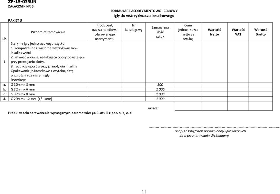 redukcja oporów przy przepływie insuliny Opakowanie jednostkowe z czytelną datą ważności i rozmiarem igły. Rozmiary: a. G 30mmx 8 mm 500 b. G 32mmx 6 mm 1 000 c. G 32mmx 8 mm 1 000 d.