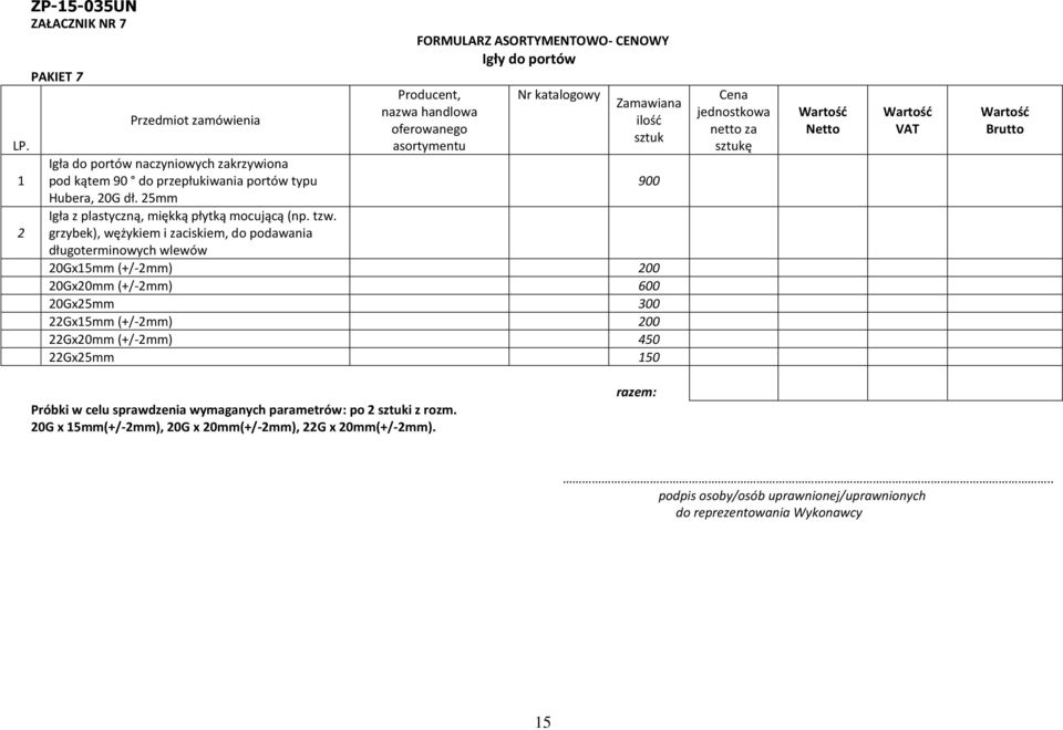 grzybek), wężykiem i zaciskiem, do podawania długoterminowych wlewów 20Gx15mm (+/-2mm) 200 20Gx20mm (+/-2mm) 600 20Gx25mm 300 22Gx15mm (+/-2mm) 200 22Gx20mm (+/-2mm) 450 22Gx25mm 150 Cena