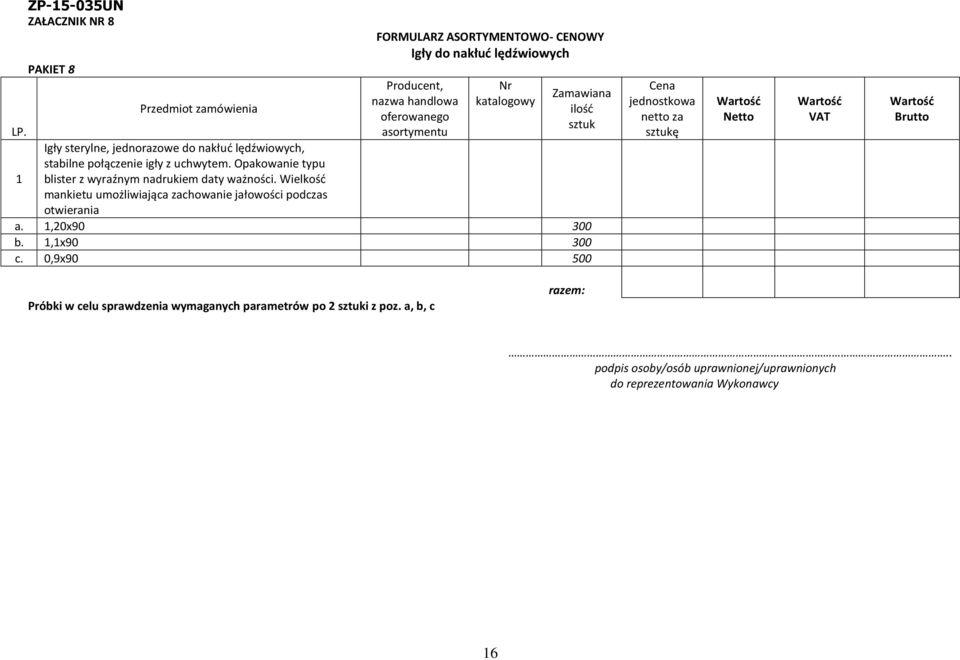 Opakowanie typu 1 blister z wyraźnym nadrukiem daty ważności. Wielkośd mankietu umożliwiająca zachowanie jałowości podczas otwierania a. 1,20x90 300 b.