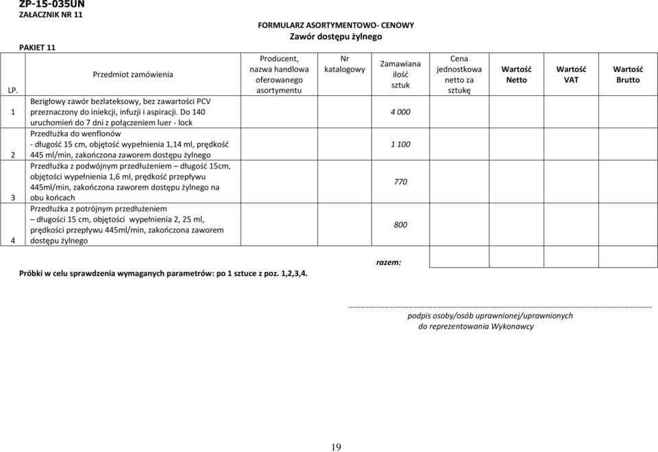 podwójnym przedłużeniem długośd 15cm, objętości wypełnienia 1,6 ml, prędkośd przepływu 445ml/min, zakooczona zaworem dostępu żylnego na obu koocach Przedłużka z potrójnym przedłużeniem długości 15