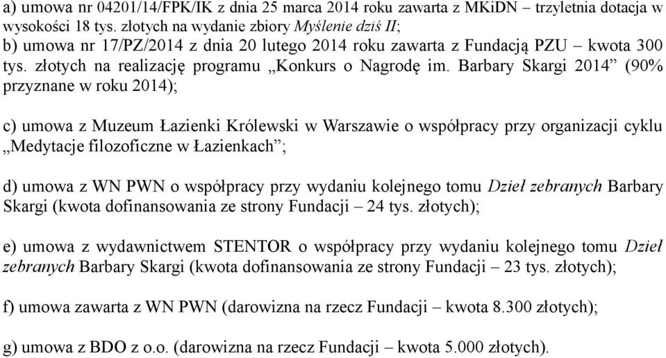 Barbary Skargi 2014 (90% przyznane w roku 2014); c) umowa z Muzeum Łazienki Królewski w Warszawie o współpracy przy organizacji cyklu Medytacje filozoficzne w Łazienkach ; d) umowa z WN PWN o