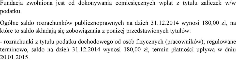 2014 wynosi 180,00 zł, na które to saldo składają się zobowiązania z poniżej przedstawionych tytułów: -