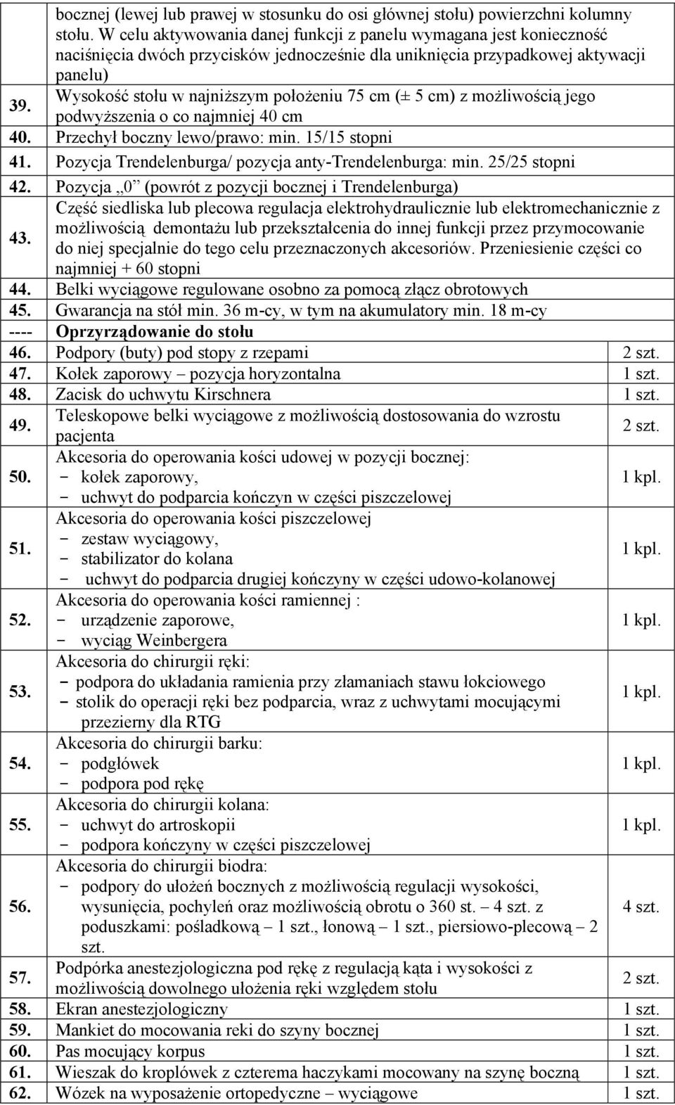 (± 5 cm) z możliwością jego podwyższenia o co najmniej 40 cm 40. Przechył boczny lewo/prawo: min. 15/15 stopni 41. Pozycja Trendelenburga/ pozycja anty-trendelenburga: min. 25/25 stopni 42.