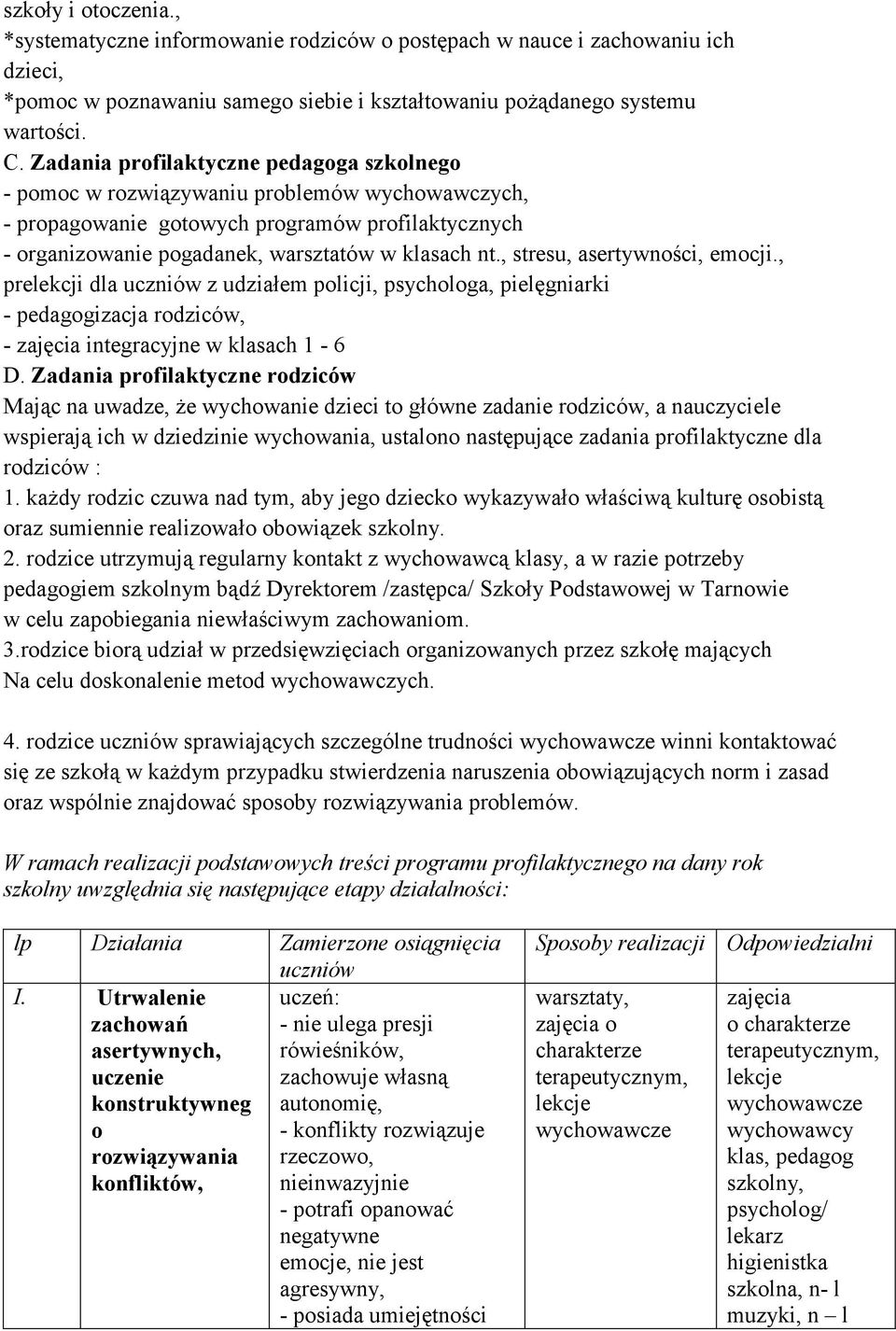 , stresu, asertywności, emocji., prelekcji dla uczniów z udziałem policji, psychologa, pielęgniarki - pedagogizacja rodziców, - zajęcia integracyjne w klasach 1-6 D.