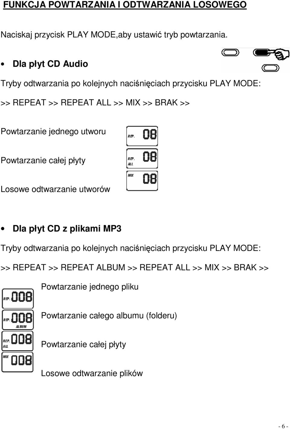 jednego utworu Powtarzanie całej płyty Losowe odtwarzanie utworów Dla płyt CD z plikami MP3 Tryby odtwarzania po kolejnych naciśnięciach