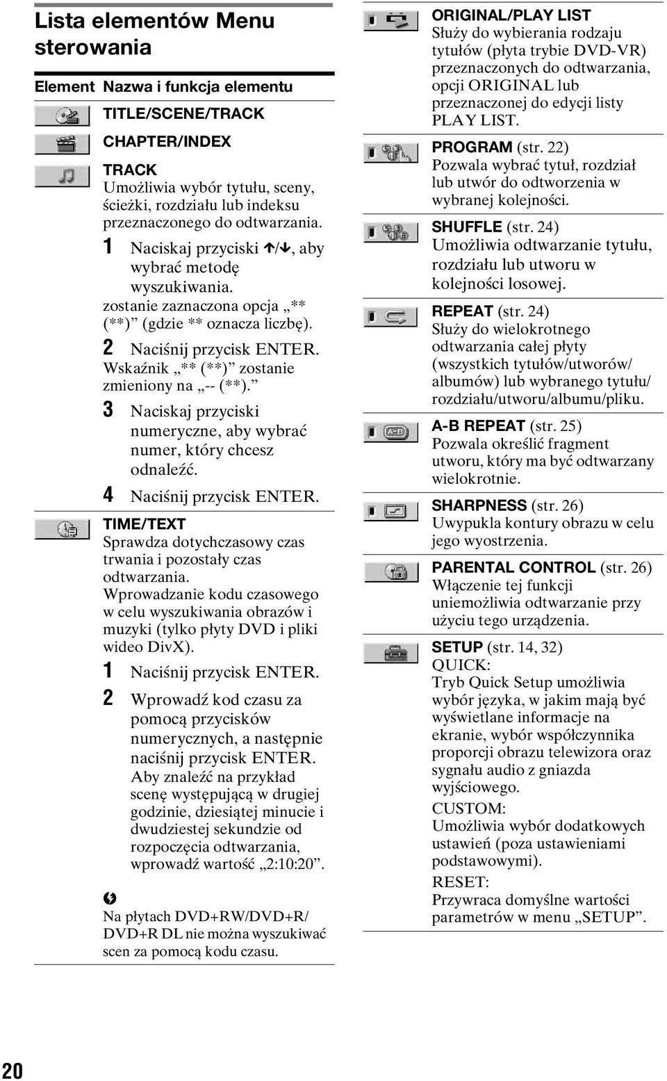 3 Naciskaj przyciski numeryczne, ay wyrać numer, który chcesz odnaleźć. 4 Naciśnij przycisk ENTER. TIME/TEXT Sprawdza dotychczasowy czas trwania i pozostały czas odtwarzania.