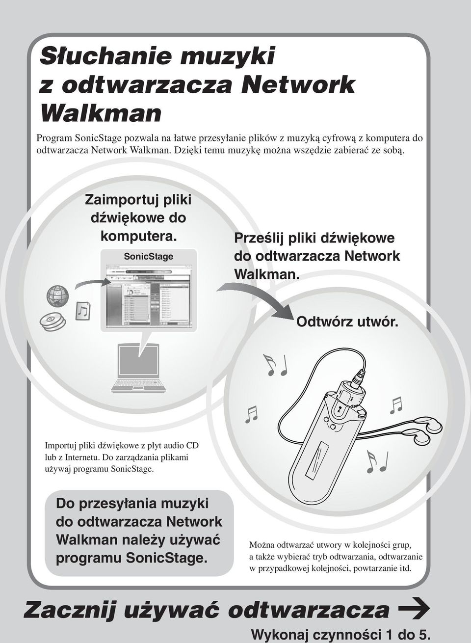 Importuj pliki dźwiękowe z płyt audio CD lub z Internetu. Do zarządzania plikami używaj programu SonicStage.