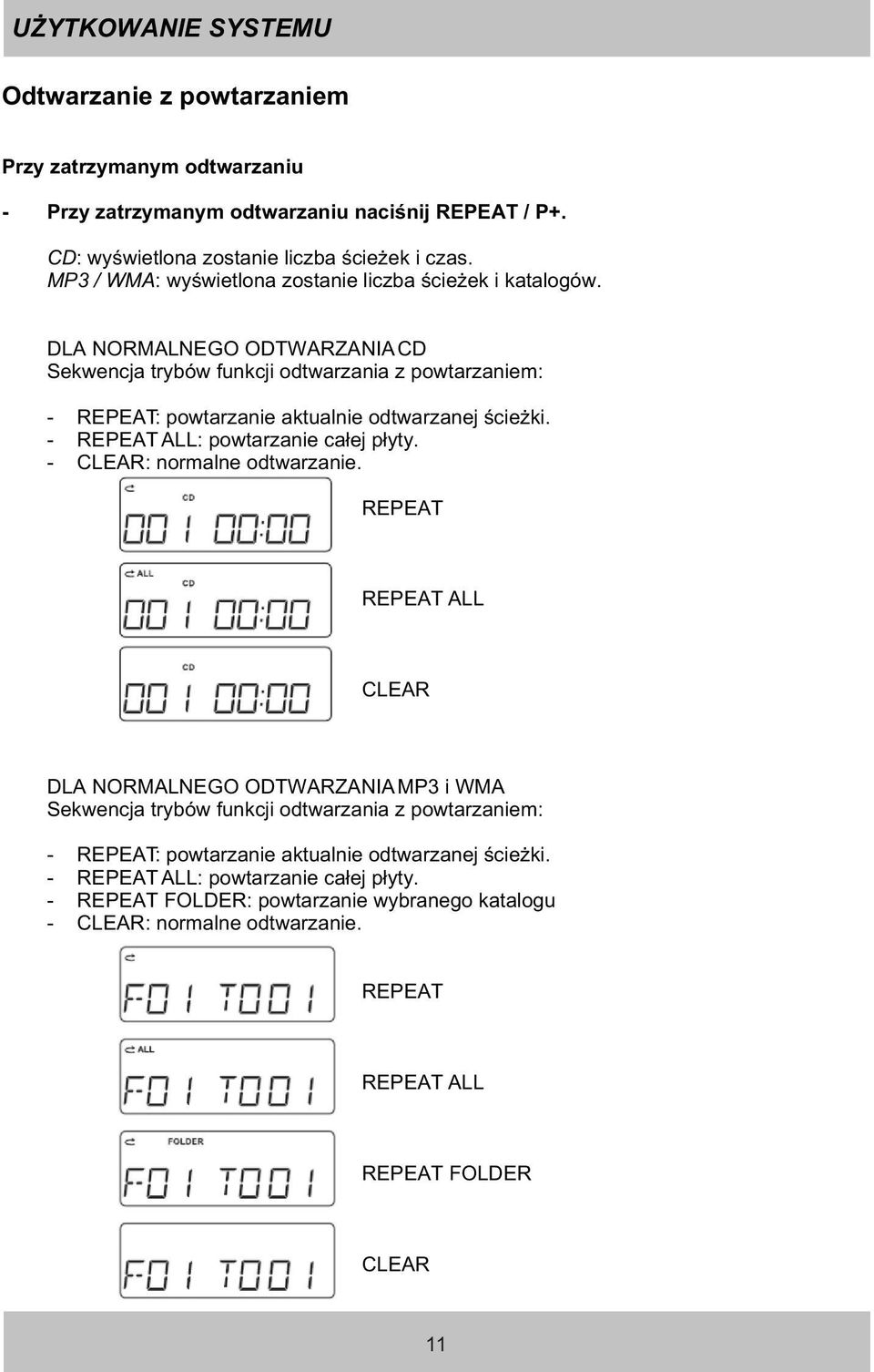 DLA NORMALNEGO ODTWARZANIA CD Sekwencja trybów funkcji odtwarzania z powtarzaniem: - REPEAT: powtarzanie aktualnie odtwarzanej œcie ki. - REPEAT ALL: powtarzanie ca³ej p³yty.