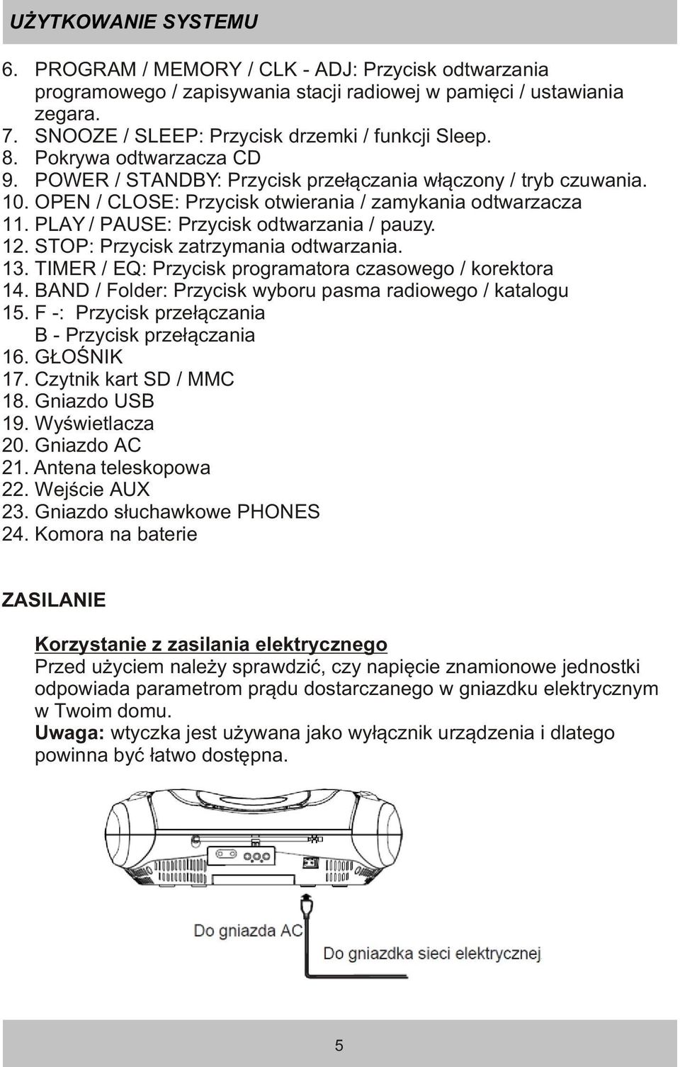 12. STOP: Przycisk zatrzymania odtwarzania. 13. TIMER / EQ: Przycisk programatora czasowego / korektora 14. BAND / Folder: Przycisk wyboru pasma radiowego / katalogu 15.