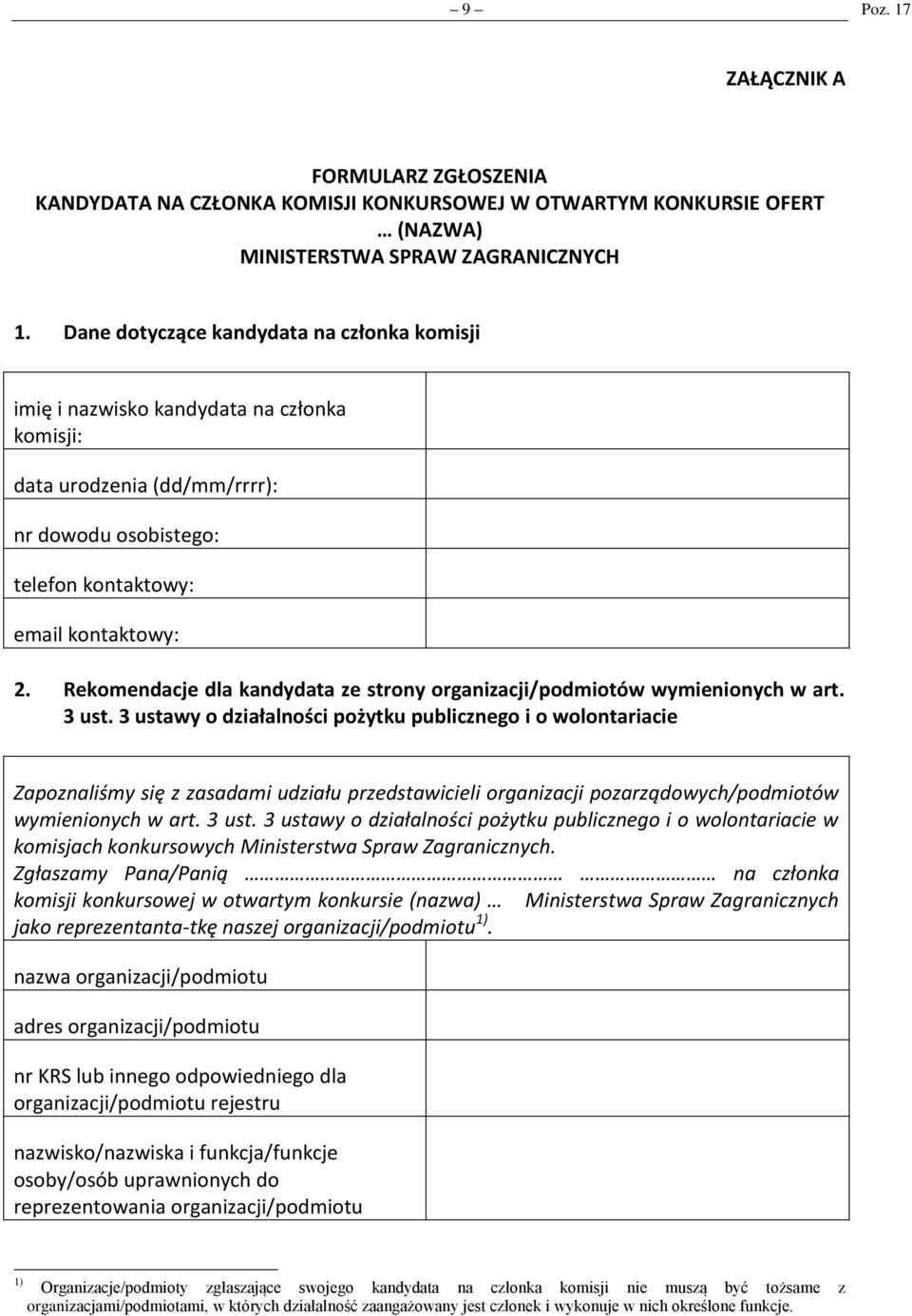 Rekomendacje dla kandydata ze strony organizacji/podmiotów wymienionych w art. 3 ust.