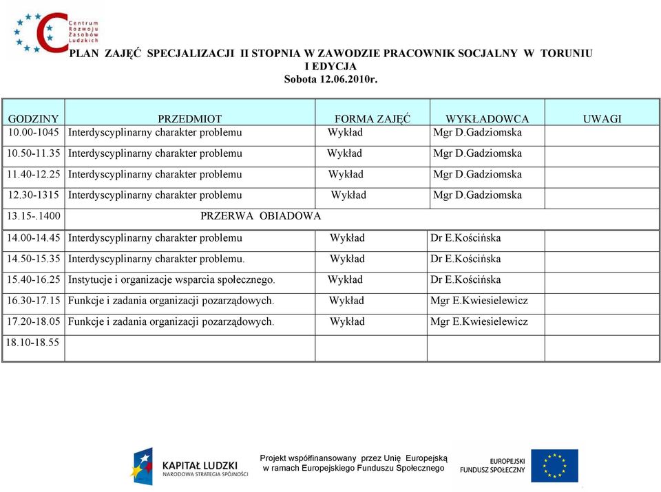 45 Interdyscyplinarny charakter Wykład Dr E.Kościńska 14.50-15.35 Interdyscyplinarny charakter. Wykład Dr E.Kościńska 15.40-16.