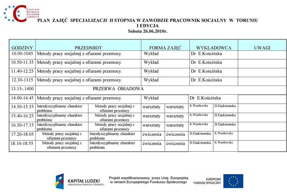 15 Interdyscyplinarny charakter 17.20-18.05 18.10-18.55 Interdyscyplinarny charakter Interdyscyplinarny charakter warsztaty warsztaty K.Wasilewska D.