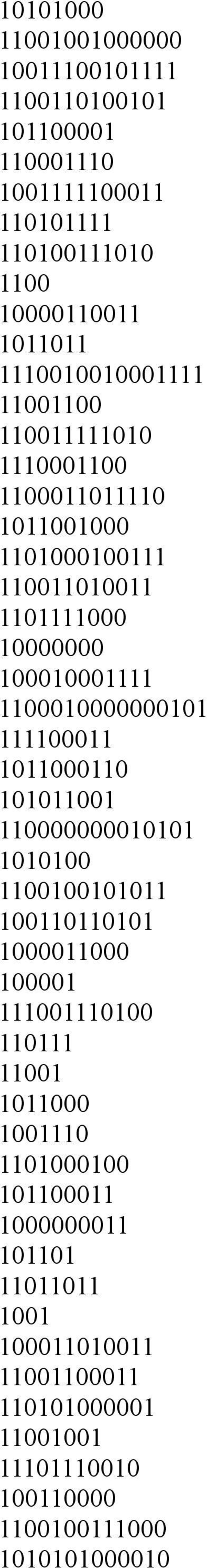 1100010000000101 111100011 1011000110 101011001 110000000010101 1010100 1100100101011 100110110101 1000011000 100001 111001110100 110111 11001