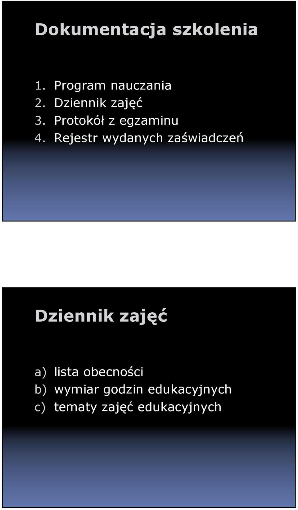Rejestr wydanych zaświadczeń Dziennik zajęć a) lista