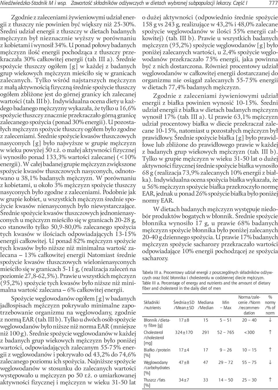 Średni udział energii z tłuszczy w dietach badanych mężczyzn był nieznacznie wyższy w porównaniu z kobietami i wynosił 34%.