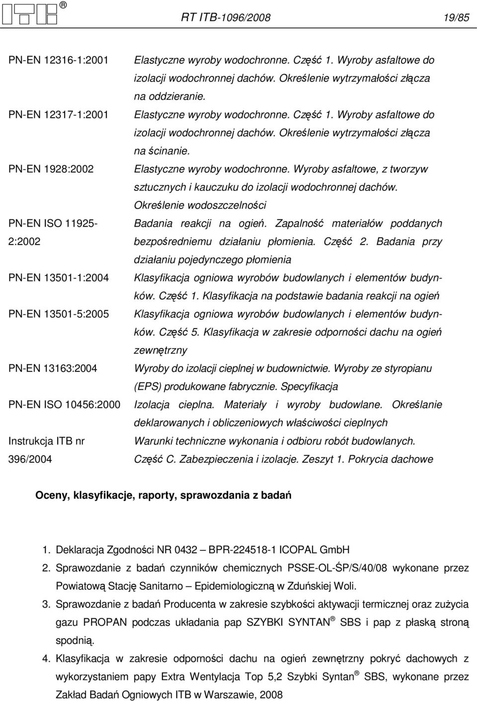 Elastyczne wyroby wodochronne. Wyroby asfaltowe, z tworzyw sztucznych i kauczuku do izolacji wodochronnej dachów. Określenie wodoszczelności Badania reakcji na ogień.