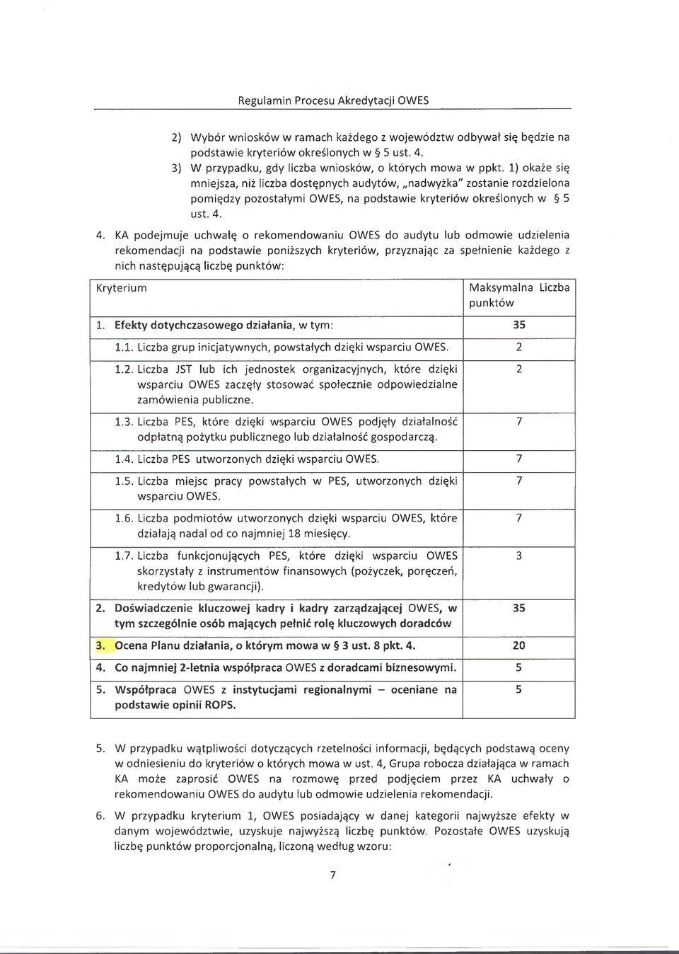 4. KA podejmuje uchwałę o rekomendowaniu OWES do audytu lub odmowie udzielenia rekomendacji na podstawie poniższych kryteriów, przyznając za spełnienie każdego z nich następującą liczbę punktów: