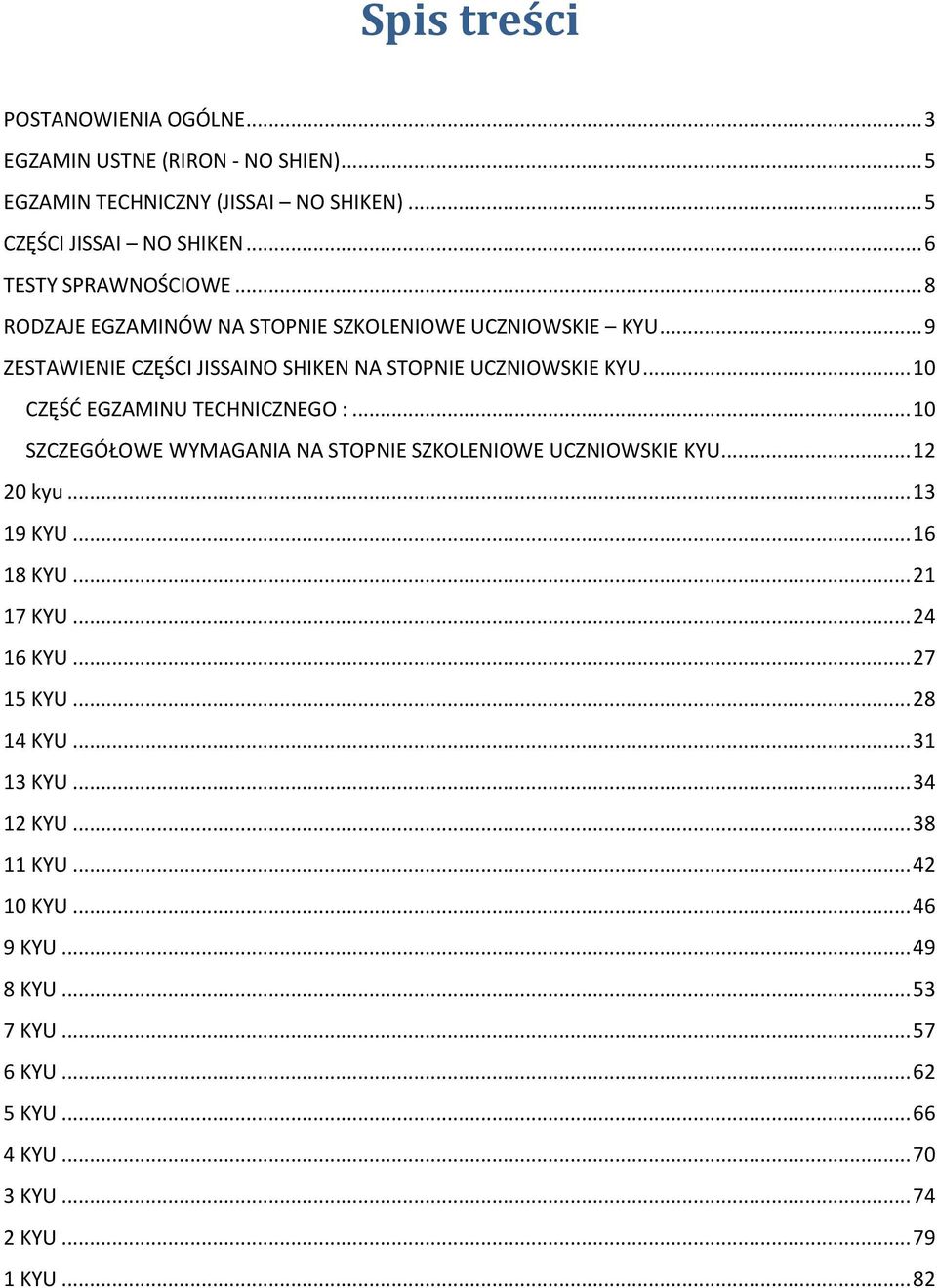 .. 10 CZĘŚĆ EGZAMINU TECHNICZNEGO :... 10 SZCZEGÓŁOWE WYMAGANIA NA STOPNIE SZKOLENIOWE UCZNIOWSKIE KYU... 12 20 kyu... 13 19 KYU... 16 18 KYU... 21 17 KYU.