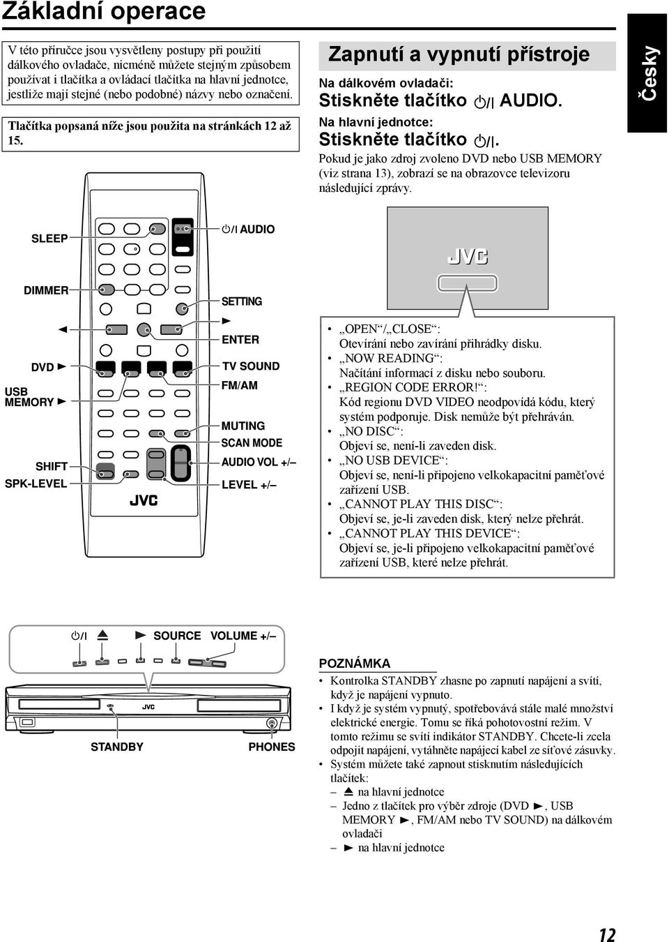 Na hlavní jednotce: Stiskněte tlačítko. Pokud je jako zdroj zvoleno DVD nebo USB MEMORY (viz strana 13), zobrazí se na obrazovce televizoru následující zprávy.