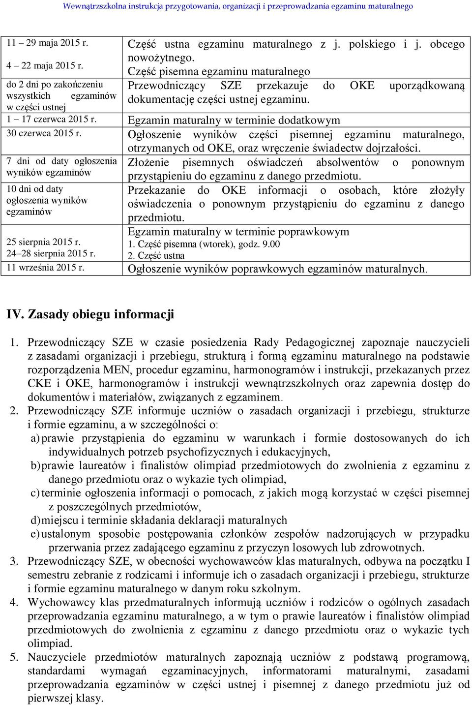 Egzamin maturalny w terminie dodatkowym 30 czerwca 2015 r. Ogłoszenie wyników części pisemnej egzaminu maturalnego, otrzymanych od OKE, oraz wręczenie świadectw dojrzałości.