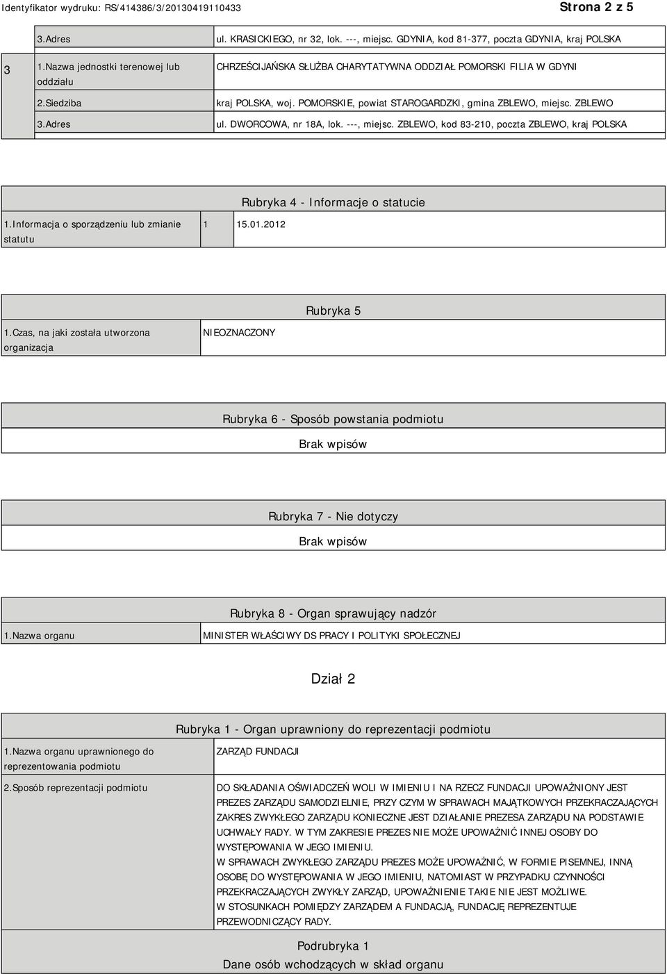 DWORCOWA, nr 18A, lok. ---, miejsc. ZBLEWO, kod 83-210, poczta ZBLEWO, kraj POLSKA Rubryka 4 - Informacje o statucie 1.Informacja o sporządzeniu lub zmianie statutu 1 15.01.2012 Rubryka 5 1.