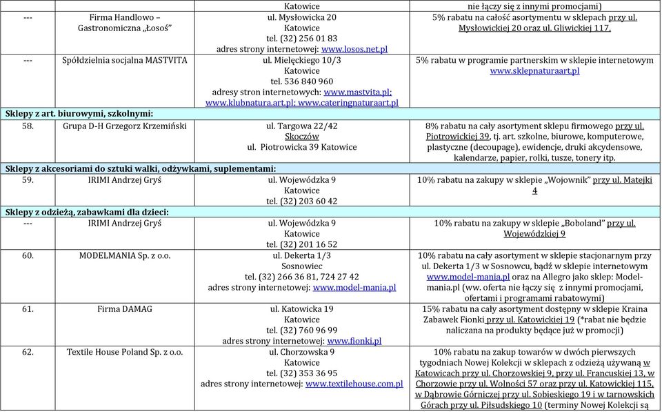 Piotrowicka 39 Sklepy z akcesoriami do sztuki walki, odżywkami, suplementami: 59. IRIMI Andrzej Gryś ul. Wojewódzka 9 tel.