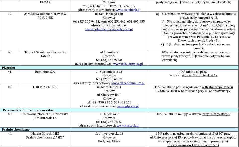 pl 42. FHU PLAY MUSIC ul. Montelupich 3 Kraków ul. Chorzowska 7 tel. (32) 350 25 25, 507 442 114 www.gfpizza.pl Pracownie złotniczo grawerskie: 43. Pracownia Złotniczo Grawerska J&M Kurczok s.c. Pralnie chemiczne: 44.
