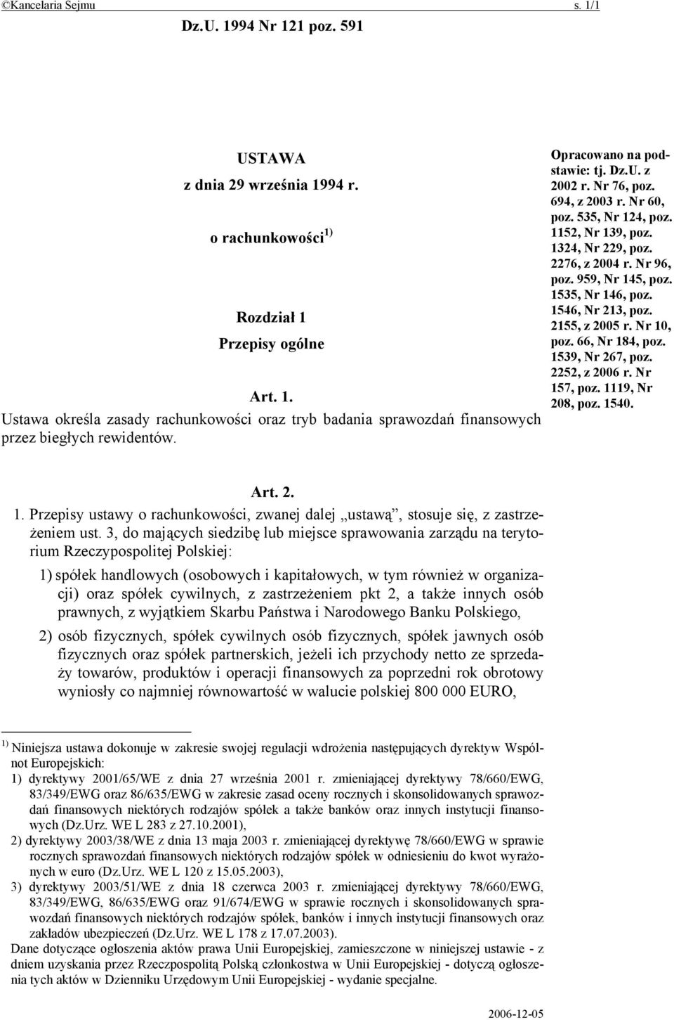 1535, Nr 146, poz. 1546, Nr 213, poz. 2155, z 2005 r. Nr 10, poz. 66, Nr 184, poz. 1539, Nr 267, poz. 2252, z 2006 r. Nr 157, poz. 1119, Nr 208, poz. 1540. Art. 2. 1. Przepisy ustawy o rachunkowości, zwanej dalej ustawą, stosuje się, z zastrzeżeniem ust.