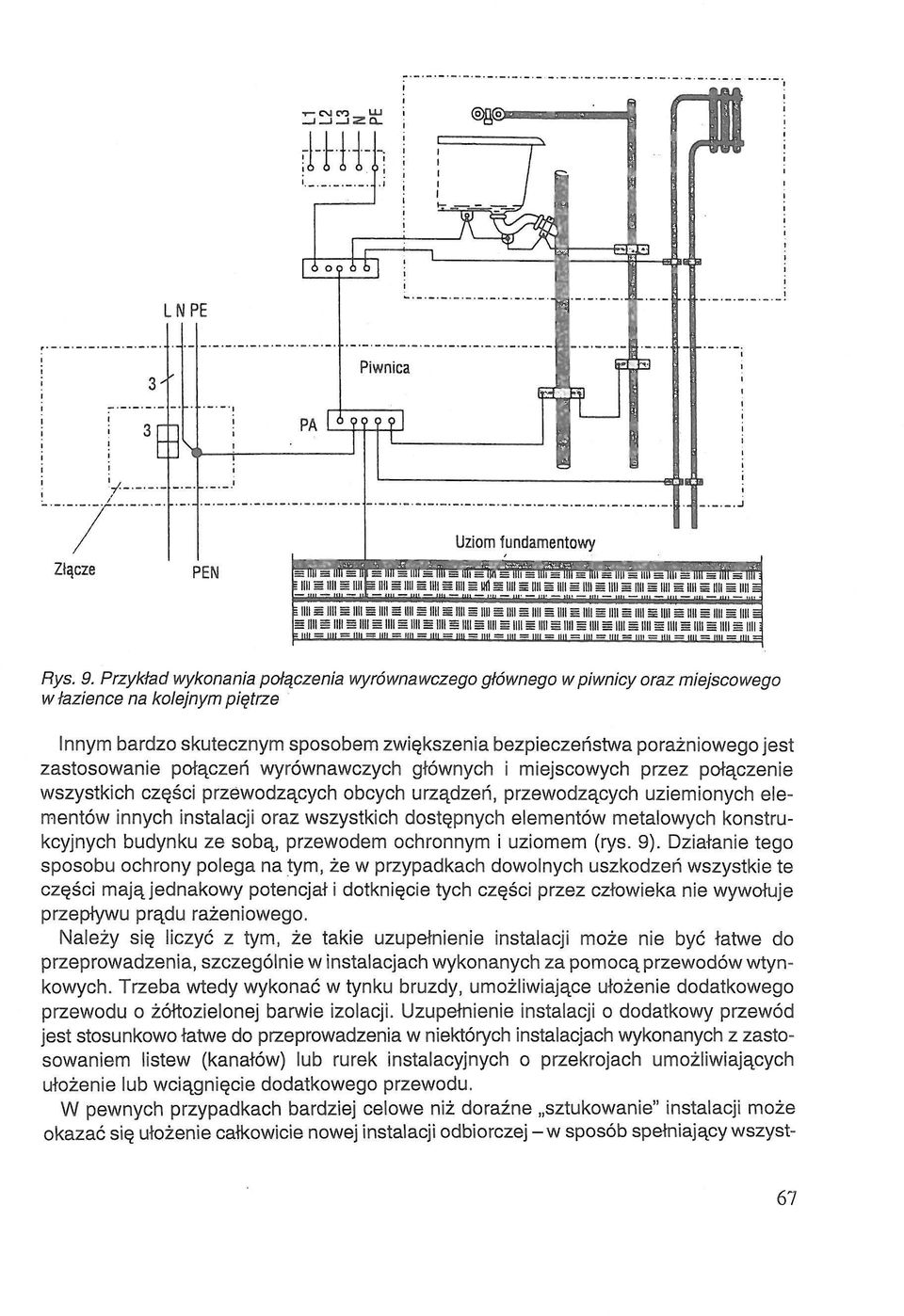 zastosowanie połączeń wyrównawczych głównych i miejscowych przez połączenie wszystkich części przewodzących obcych urządzeń, przewodzących uziemionych elementów innych instalacji oraz wszystkich