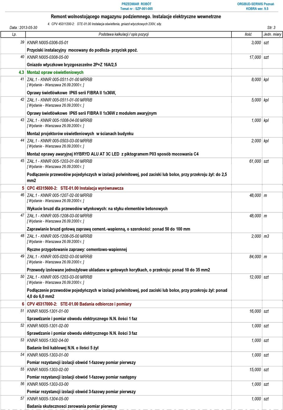 40 KNNR N005-0308-05-00 17,000 szt Gniazdo wtyczkowe bryzgoszczelne 2P+Z 16A/2,5 4.3 Montaż opraw oświetleniowych 41 ZAŁ.