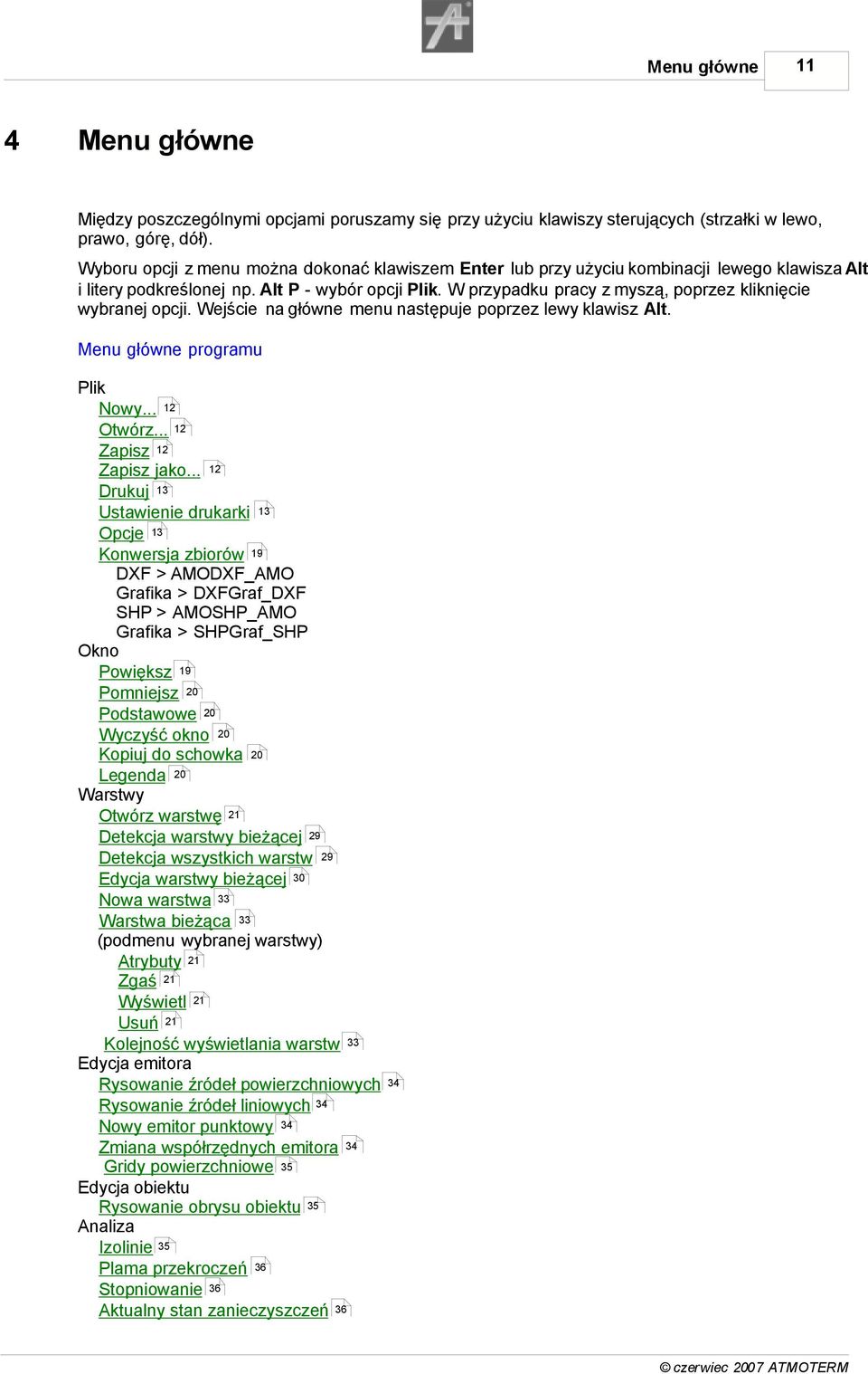 W przypadku pracy z myszą, poprzez kliknięcie wybranej opcji. Wejście na główne menu następuje poprzez lewy klawisz Alt. Menu główne programu Plik Nowy... 12 Otwórz... 12 Zapisz 12 Zapisz jako.
