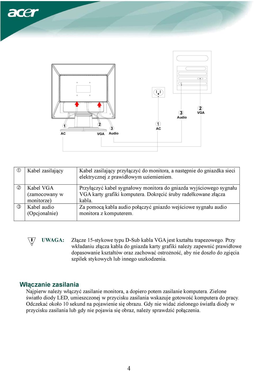 Za pomocą kabla audio połączyć gniazdo wejściowe sygnału audio monitora z komputerem. UWAGA: Złącze 15-stykowe typu D-Sub kabla VGA jest kształtu trapezowego.