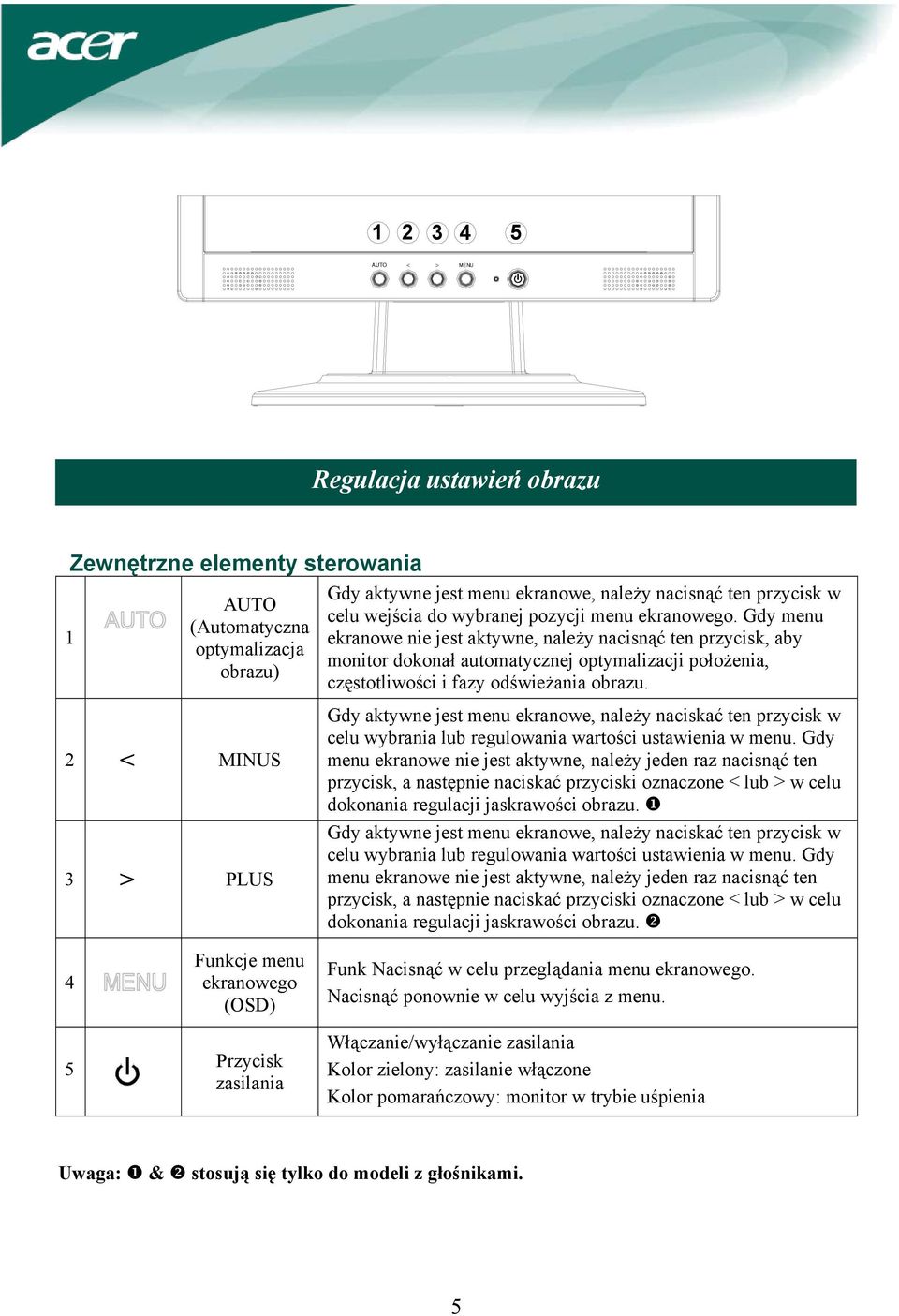 Gdy menu ekranowe nie jest aktywne, należy nacisnąć ten przycisk, aby monitor dokonał automatycznej optymalizacji położenia, częstotliwości i fazy odświeżania obrazu.