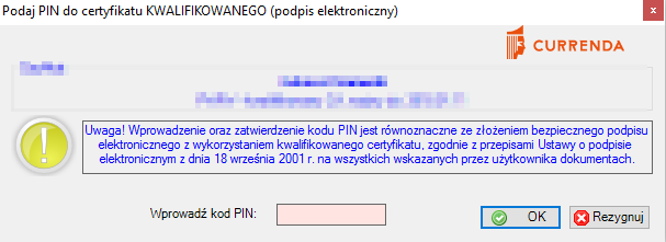 WYBÓR PODPISU KWALIFIKOWANEGO Po zaznaczeniu właściwego podpisu, którym chcemy podpisać dokument, klikamy przycisk Wybierz. W nowym oknie należy podać kod PIN do wybranego podpisu. RYSUNEK 11.