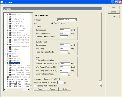 dra przedstawia rysunek 6, natomiast wartości parametrów tabela 4. Rys. 6. Widok okna wymiany ciepła modelu cylindra Fig. 6. View of cylinder heat exchange model Tab. 4. Wartości parametrów wymiany ciepła modelu cylindra Tab.