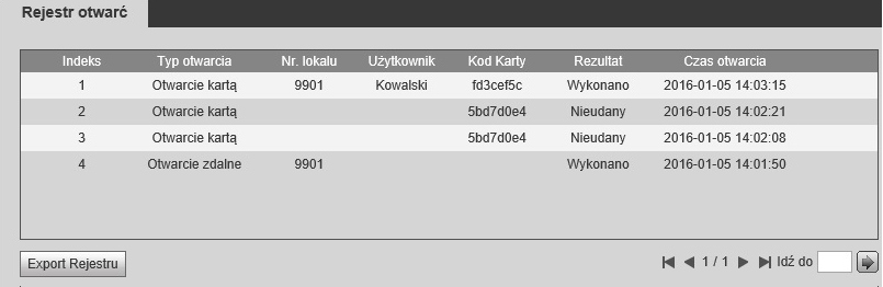 Instrukcja obsługi i instalacji. Panel modułowy IP. 3.4.3 Rejestr Otwarć Web Service przechowuje historię otwarć wejścia (aktywacji przekaźnika domyślnego panelu).