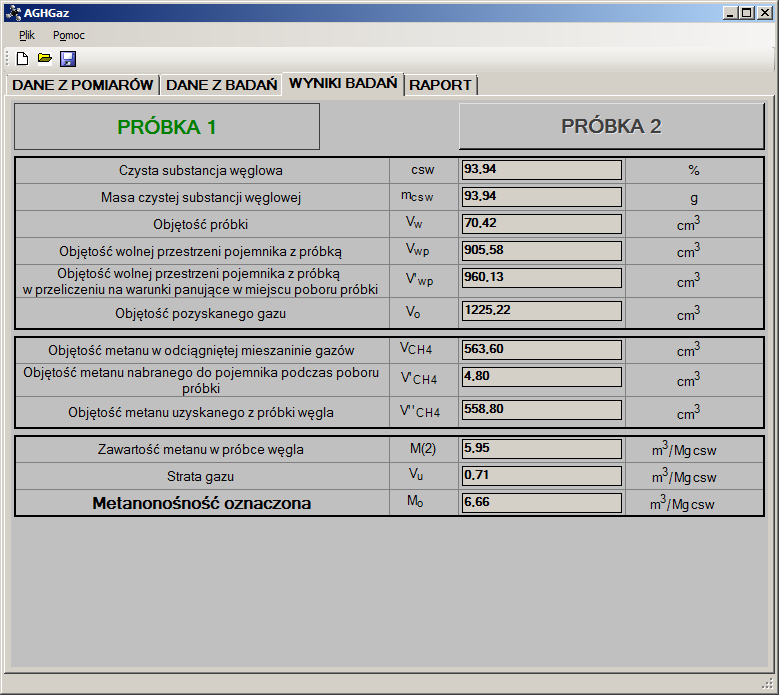 W kolejnym oknie programu Wyniki badań przedstawionym na rysunku 5 nie ma możliwości edycji danych. W tym miejscu użytkownik może sprawdzić wyniki dokonanego oznaczenia metanonośności.