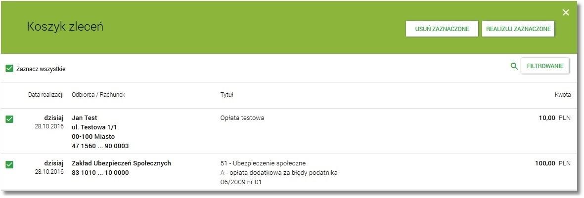 System umożliwia filtrowanie listy płatności w koszyku po wybraniu opcji FILTROWANIE lub ikony znajdującej się nad listą, a następnie po wpisaniu danych w polu wyszukiwania takich jak: data