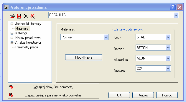 W zakładce MATERIAŁY moŝemy zmienić domyślny materiał wybierając go po prawej stronie z listy rozwijalnej.
