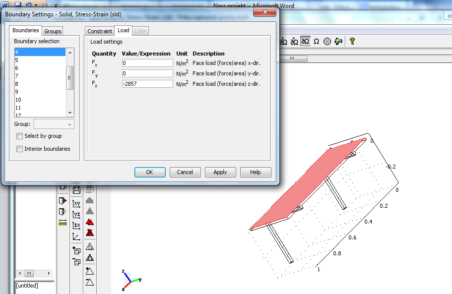 Rys 2.3 Parametry materiałowe półek Każda z półek została obciążona ciężarem o wartości 100kg (ok 1000N).