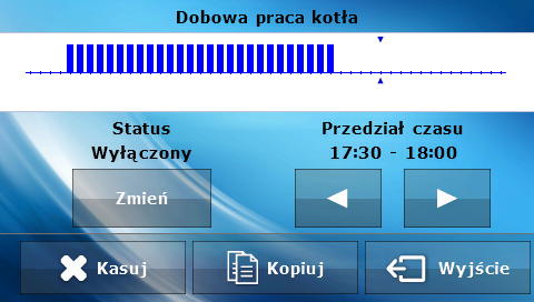 tech Godziny pracy Po naciśnięciu tej ikonki można ustawić w jakich godzinach kocioł ma pracować a w jakich wyłączać (przedziały czasowe 30-minutowe) Temperatura w pokoju załączony Po naciśnięciu tej