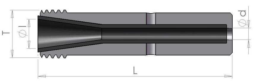 Podwójne dysze Venturi z płaszczem aluminiowym węglik boru (B 4 C) Gwint grubozwojny T = 50 BDVH 8/50 8 165 25 BDVH 9,5/50 9,5 180 25