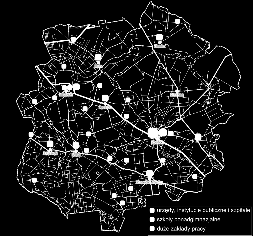 Mapa 4. Lokalizacja obiektów użyteczności publicznej istotnych z punktu widzenia generowania ruchu powiatowego w powiecie kłobuckim Źródło: opracowanie własne na podstawie danych powiatu 4.