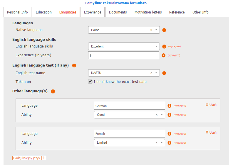 1.3 Languages W tej zakładce wpisujesz języki, jakimi się posługujesz. Przykład poprawnego wypełnienia przedstawiony jest poniżej.