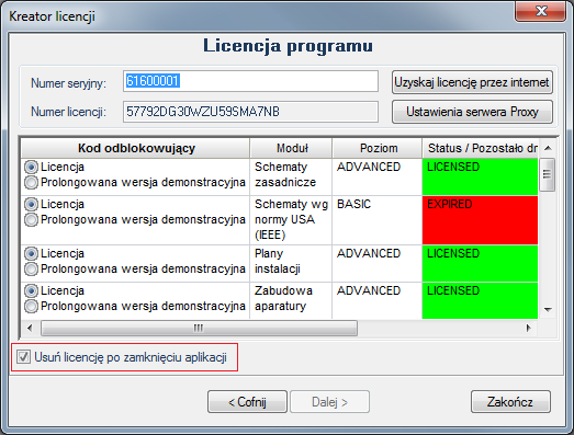 Opcjonalnie możliwe jest ustawienie licencji w taki sposób, aby zamknięcie programu automatycznie wyświetlało